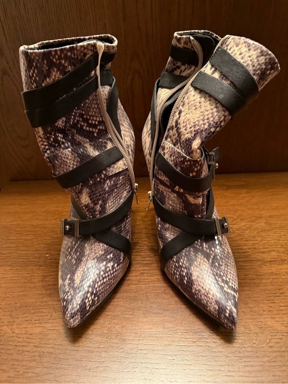 Guess Brown Snake-Print Pointed Ankle Boots with Black Straps